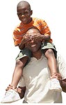 Child sitting on his father's shoulders and covering his eyes