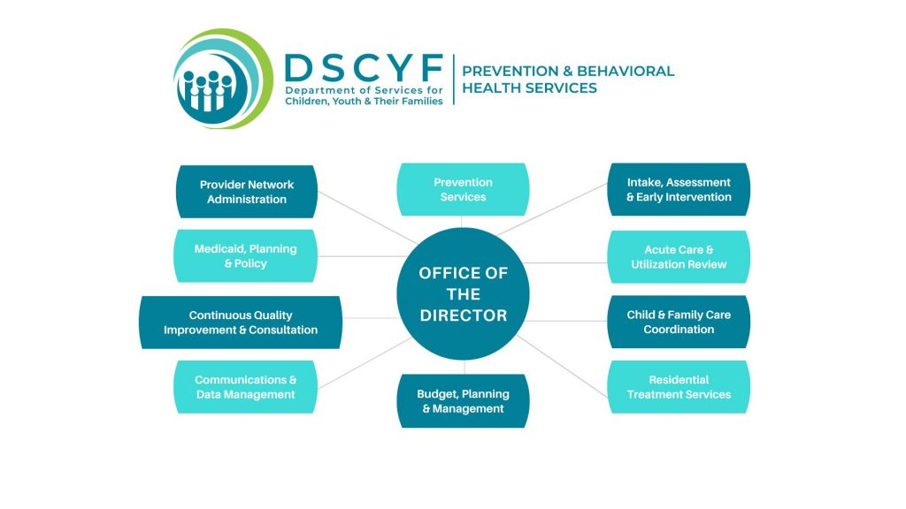 Our organization is comprised of the following units reporting to the Office of the Director: Prevention Services; Intake, Assessment & Early Intervention; Acute Care & Utilization Review; Child & Family Care Coordination; Residential Treatment Services; Budget, Planning & Management; Communications & Data Management; Continuous Quality Improvement & Consultation; Medicaid, Planning & Policy; and, Provider Network Administration.