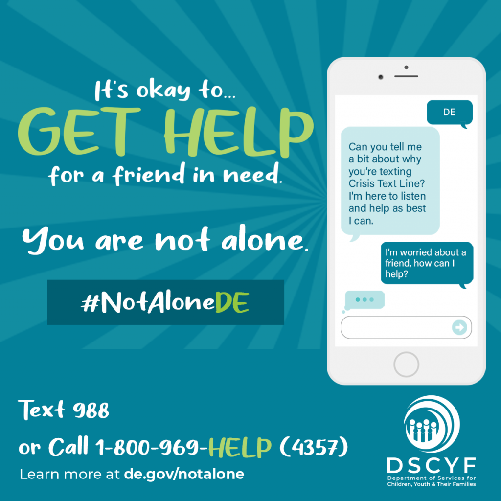 Social media graphic. "It's okay to...get help for a friend in need. You are not alone." #NotaloneDE  Text 988 or call 1-800-969-HELP