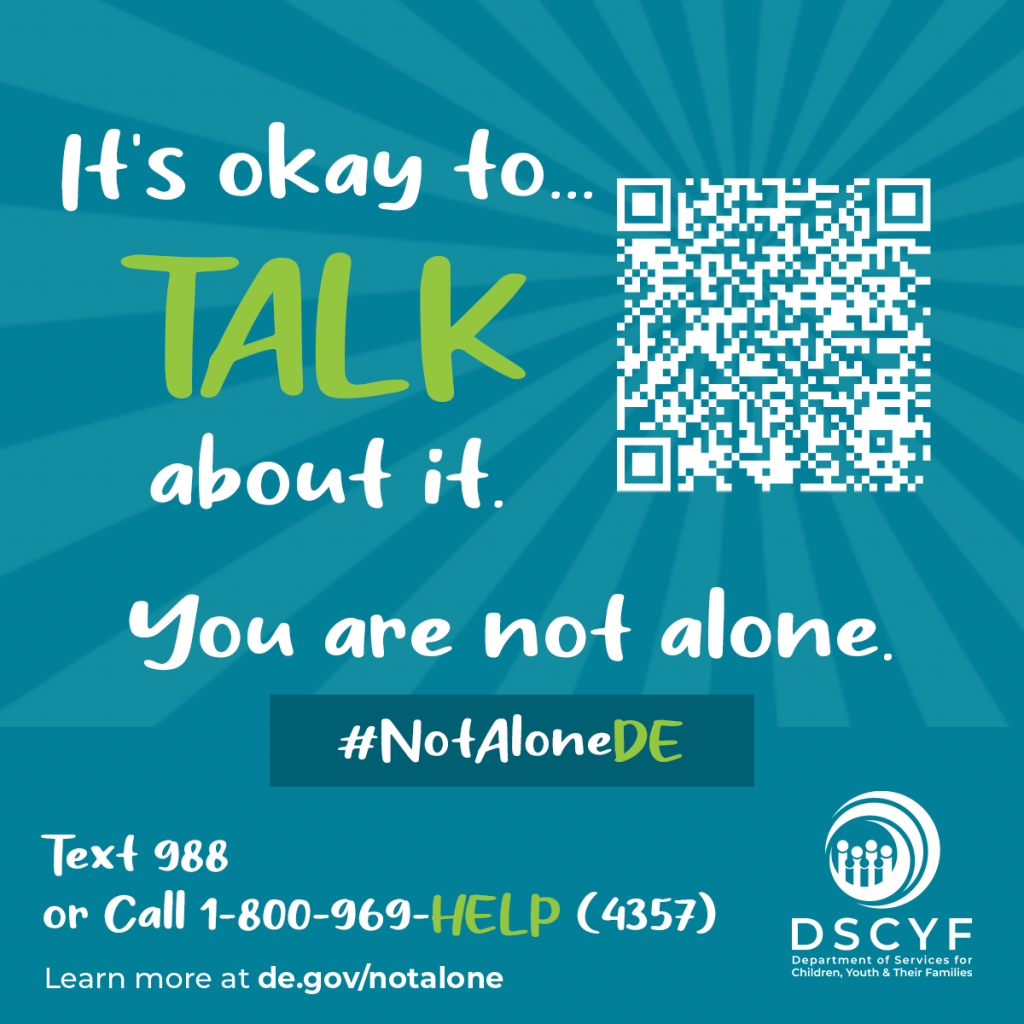 Social media graphic. "It's okay to...talk about it." You are not alone. #NotaloneDE Text 988 or call 1-800-969-HELP