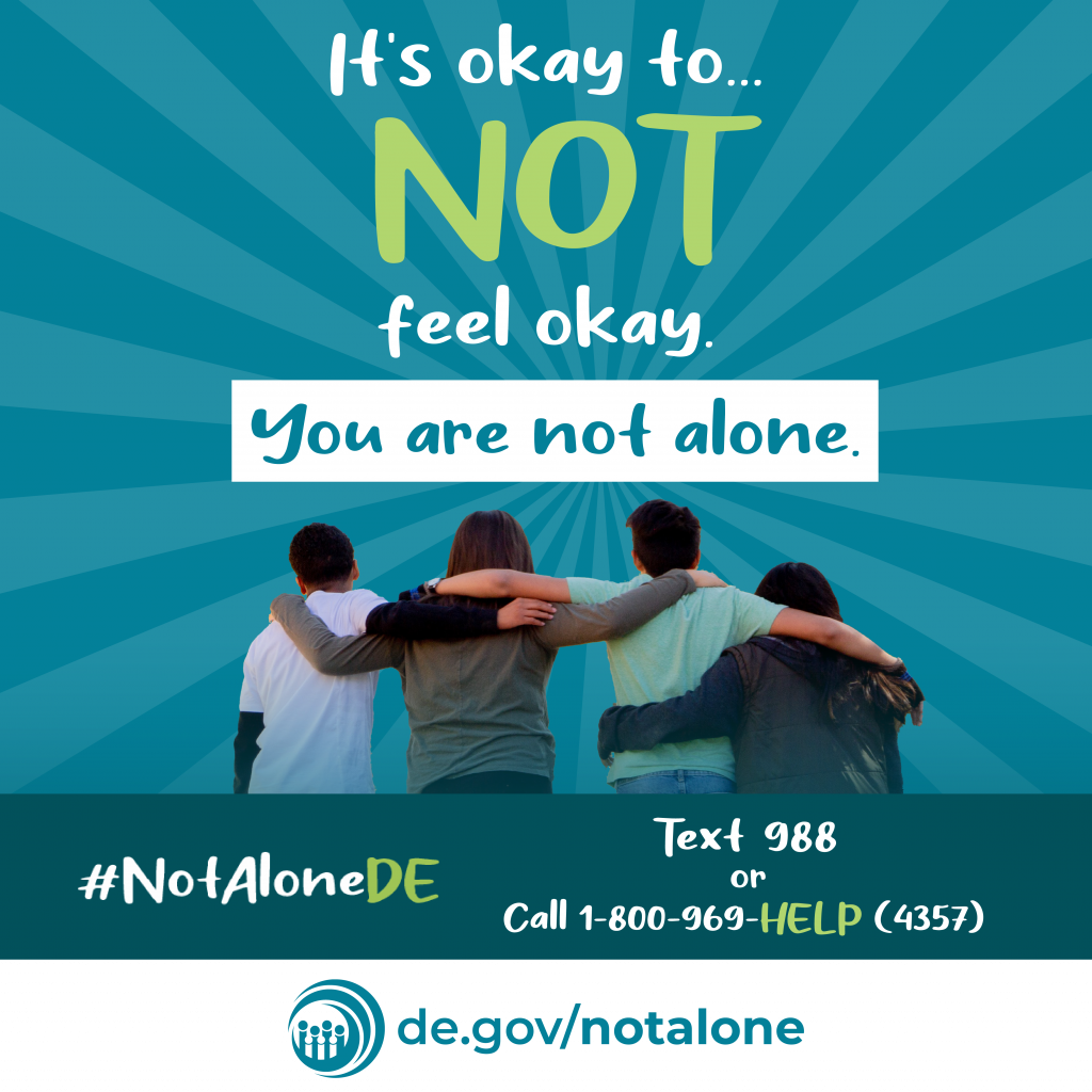 Social media graphic. "It's okay to ... not feel okay. You are not alone." #NotaloneDE Text 988 or call 1-800-969-HELP