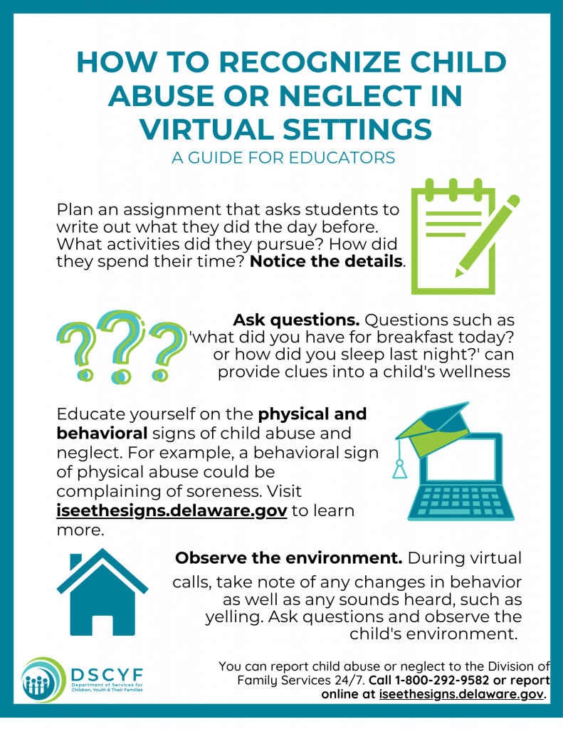 Flyer of how to recognize child abuse or neglect in virtual settings