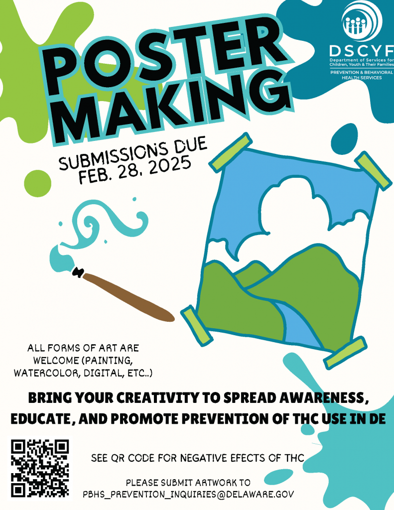 Flyer - PBH poster making contest to educate and promote the prevention of TCH use in Delaware. Submissions due 2/28/2025.