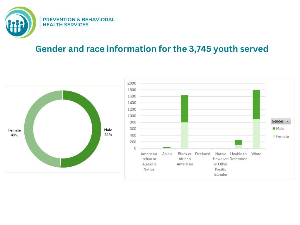FY25 DPBHS Treatment Services infographic page 2. Gender and race information for the 3,745 youth served. 49% Female, 51% Male. Another chart showing the gender breakout per race.