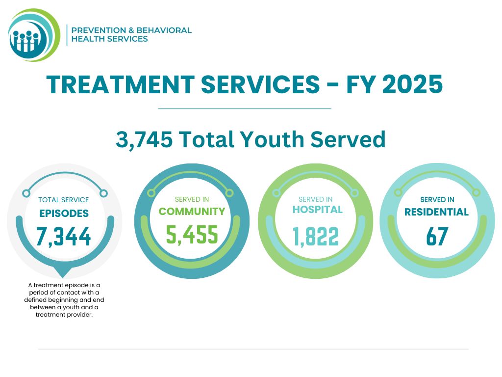 FY25 DPBHS Treatment Services infographic. 3,745 Total Youth Served. 7,344 Treatment Episodes. 5,455 Served in Community. 1,822 Served in Hospitals. 67 Served in Residential.
