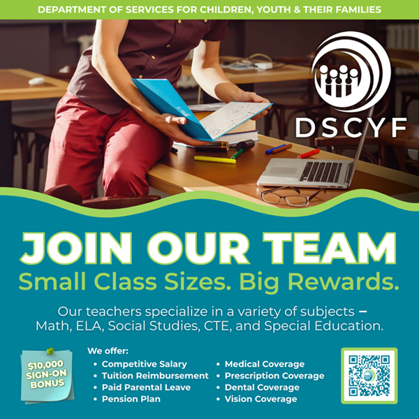 Join Our Team flyer showing person wearing orange pants and brown tops holding a blue folder sitting on a table with a laptop and eyeglasses