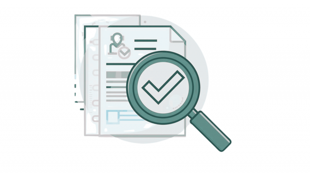 A checkmark on a paper document enlarged by a magnifying glass