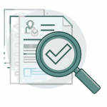 A checkmark on a paper document enlarged by a magnifying glass