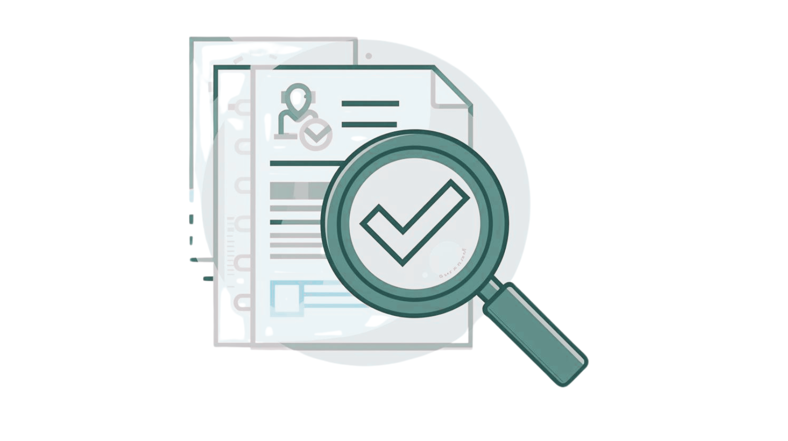 A checkmark on a paper document enlarged by a magnifying glass