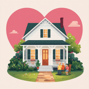 white house, a pink heart background, 2 adults and child sitting on bench on a green lawn