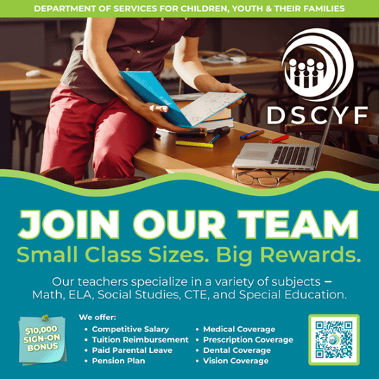 Join Our Team flyer showing person wearing orange pants and brown tops holding a blue folder sitting on a table