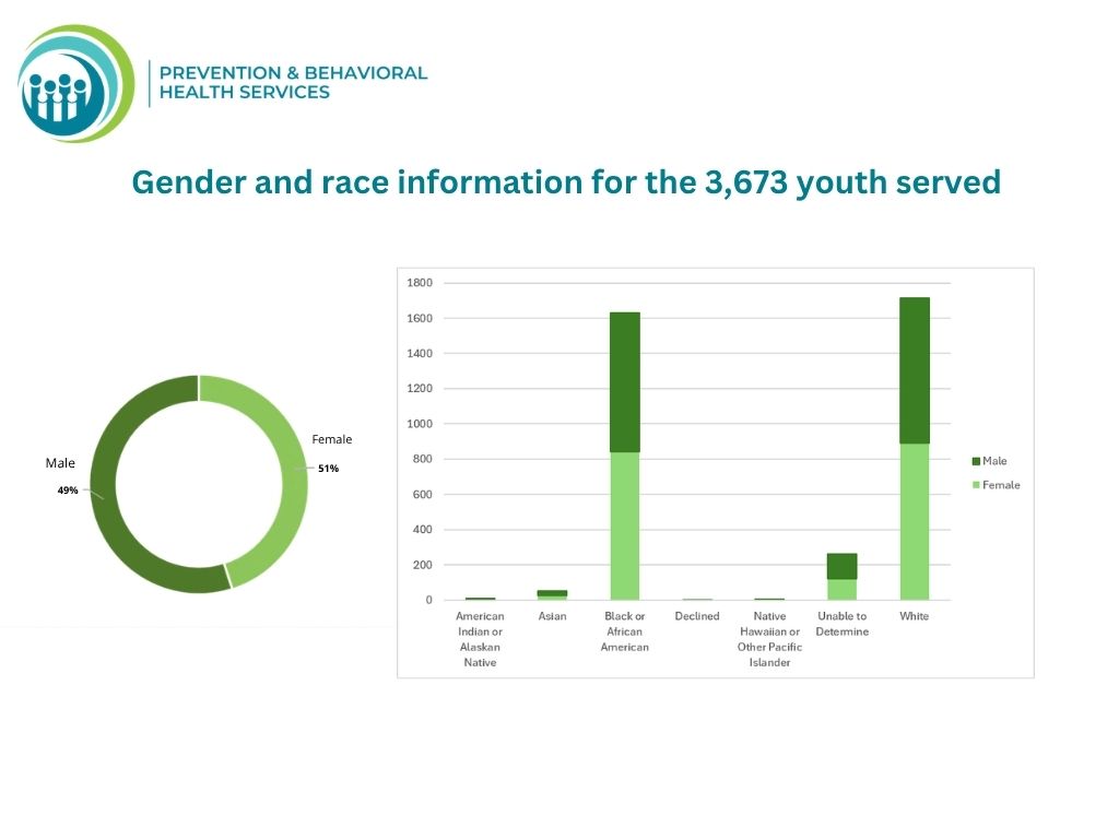 FY26 DPBHS Treatment Services infographic page 2. Gender and race information for the 3,673 youth served. 51% Female, 49% Male. Another chart showing the gender breakout per race.